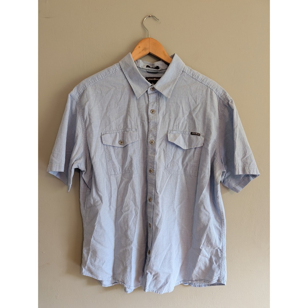 Eddie Bauer Mens XL Short Sleeve Button Down Shirt Blue White Stripe Classic Fit
